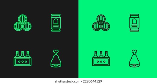 Set line Chicken leg, Pack of beer bottles, Wooden barrel and Beer can icon. Vector