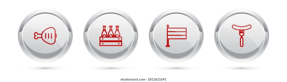 Set line Chicken leg, Pack of beer bottles, National Germany flag and Sausage the fork. Silver circle button. Vector