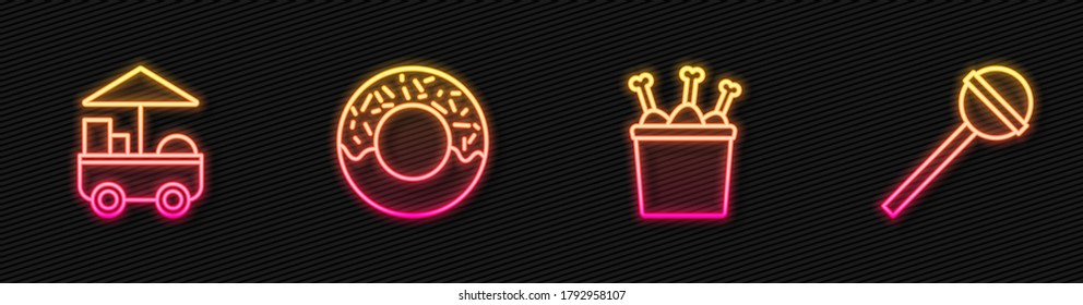 Set line Chicken leg in package box, Fast street food cart, Donut and Lollipop. Glowing neon icon. Vector