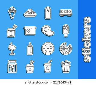 Set line Chicken leg in package box, Pizza, Ice cream, Doner kebab, Bread toast, Asian noodles and chopsticks, waffle cone and Scrambled eggs icon. Vector