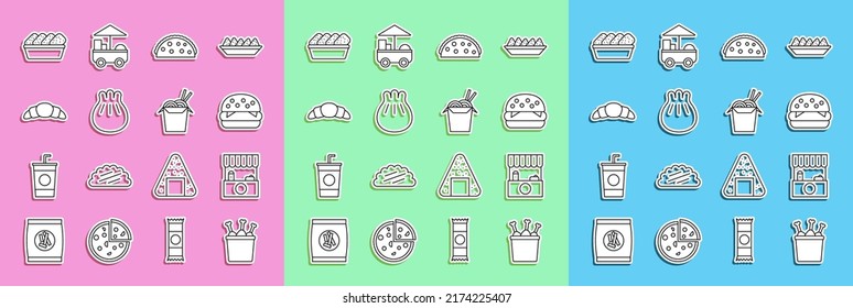 Set line Chicken leg in package box, Street stall with awning, Burger, Taco tortilla, Khinkali on cutting board, Croissant, nuggets and Asian noodles and chopsticks icon. Vector