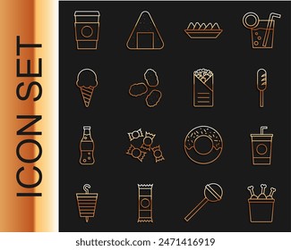 Set line Chicken leg in package box, Paper glass with straw, Fried sausage, Nachos plate, nuggets, Ice cream waffle cone, Coffee cup to go and Doner kebab icon. Vector