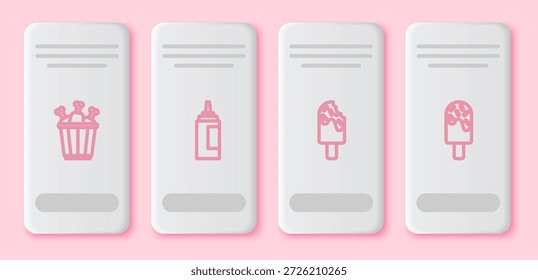 Set line Chicken leg in package box, Sauce bottle, Ice cream and . White rectangle button. Vector