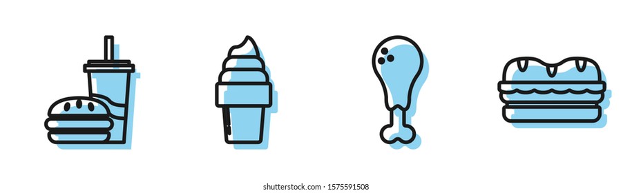 Set line Chicken leg, Paper glass with drinking straw and burger, Ice cream in waffle cone and Sandwich icon. Vector