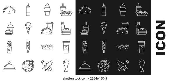 Set line Chicken leg, Paper glass and water, Bottle of burger, Ice cream in waffle cone, with drinking straw, Taco tortilla and taco icon. Vector