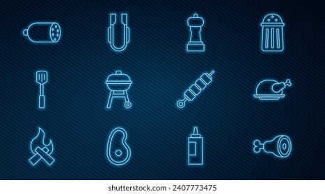 Set line Chicken leg, Roasted turkey or chicken, Pepper, Barbecue grill, spatula, Salami sausage, Grilled shish kebab and Meat tongs icon. Vector