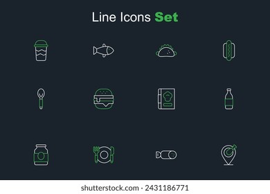 Set line Chicken leg, Salami sausage, Plate, fork and knife, Jam jar, Bottle of wine, Cookbook, Burger and Spoon icon. Vector