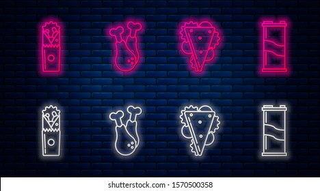 Set line Chicken leg, Sandwich, Doner kebab and Soda can. Glowing neon icon on brick wall. Vector