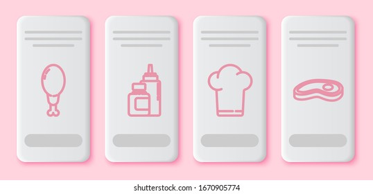 Set line Chicken leg, Sauce bottle, Chef hat and Steak meat. White rectangle button. Vector