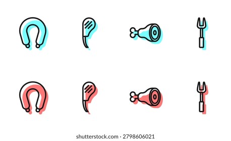 Set line Chicken leg, Sausage, Rib eye steak and Barbecue fork icon. Vector