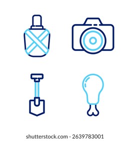 Set line Chicken leg, Shovel, Photo camera and Canteen water bottle icon. Vector