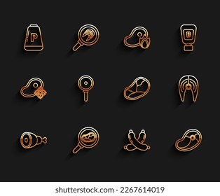 Set line Chicken leg, Steak meat in frying pan, Pepper, Crossed sausage, Frying, Fish steak and  icon. Vector