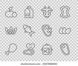 Set line Chicken leg, Steak meat, Cow head, Apple, Fish, Cooking pot and chicken and egg icon. Vector