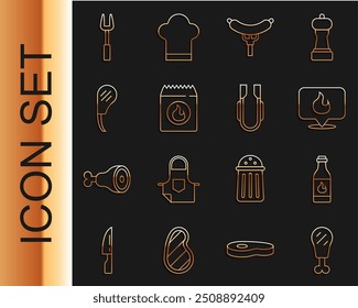 Set line Chicken leg, Tabasco sauce, Location with fire flame, Sausage the fork, Barbecue coal bag, Rib eye steak,  and Meat tongs icon. Vector