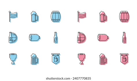 Set line Chicken leg, Wooden beer mug, National Germany flag, Street signboard with glass of, Salami sausage, Beer bottle, and wooden barrel and Glass icon. Vector