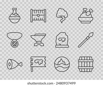 Set line Chicken leg, Wooden barrel, Cloud and lightning, Viking flag, Bottle with potion, Anvil for blacksmithing, Sea waves and Medieval spear icon. Vector