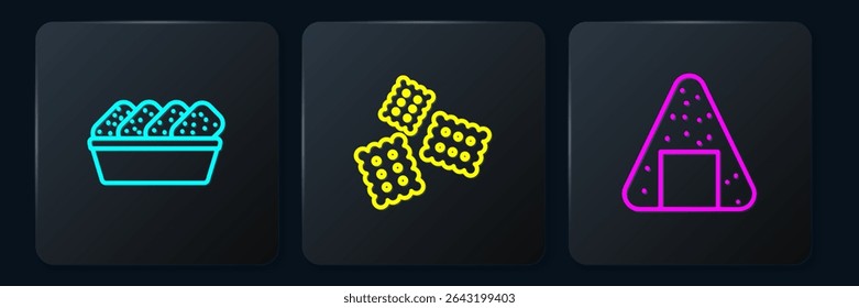 Set line Chicken nuggets in box, Onigiri and Cracker biscuit. Black square button. Vector