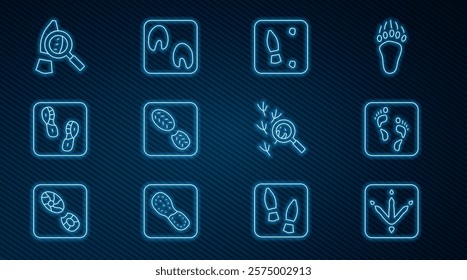 Set line Chicken paw footprint, Human, footprints shoes, Magnifying glass with footsteps, Bird and Horse icon. Vector