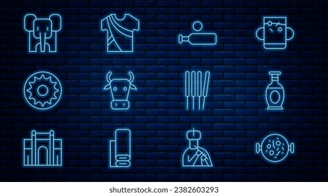Set line Chicken tikka masala, Indian vase, Wood cricket bat and ball, Cow, Chakra, Elephant, Aroma sticks, incense and man dress icon. Vector