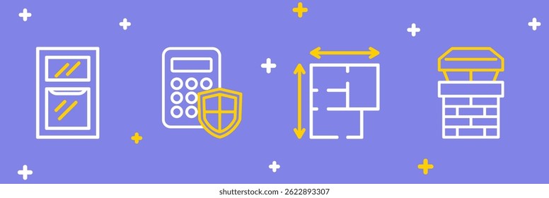 Set line Chimney, House plan, Security keypad access panel and Hammer and wrench spanner icon. Vector