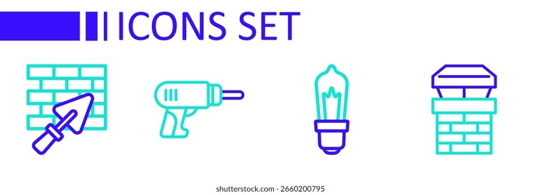 Chimenea, bombilla, taladro eléctrico y pared de ladrillo con icono de paleta. Vector