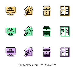 Set line Schornstein, Arbeiter-Schutzhelm, Haus mit Kelle und Fenster im Zimmer-Symbol. Vektorgrafik