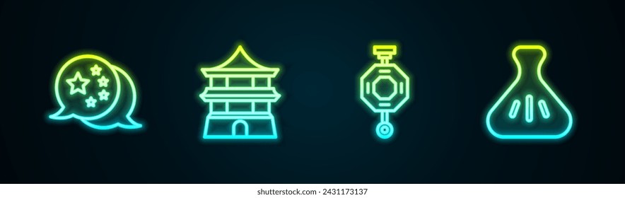 Set line China flag, Chinese house, paper lantern and Dumpling. Glowing neon icon. Vector