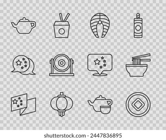 Set line China flag, Chinese Yuan currency, Fish steak, paper lantern, ceremony, Gong,  and Asian noodles bowl icon. Vector