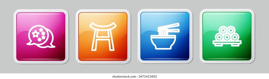 Set line China flag, Japan Gate, Asian noodles bowl and Sushi on cutting board. Colorful square button. Vector