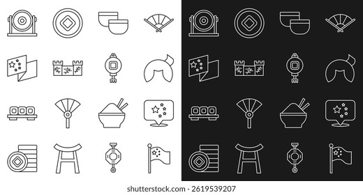 Set line China flag on flagpole, Chinese fortune cookie, tea ceremony, Great wall of, Gong and paper lantern icon. Vector