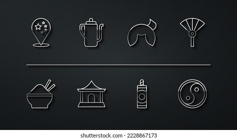 Set line China flag, Rice bowl with chopstick, Chinese or japanese folding fan, Firework, house, tea ceremony, Yin Yang and fortune cookie icon. Vector