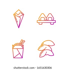 Set line Chinese fortune cookie, Asian noodles in paper box and chopsticks, Temaki roll and Sushi on cutting board. Gradient color icons. Vector