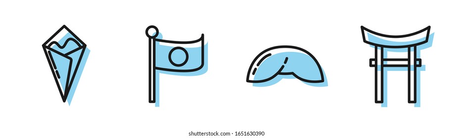 Set line Chinese fortune cookie, Temaki roll, National flag of Japan on pole and Japan Gate icon. Vector