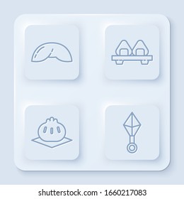 Setzen Sie die Linie chinesische Glückskekse, Sushi auf Schneidebrett, Khinkali auf Schneidebrett und japanische Ninja Shuriken. Weißer Quadrat-Knopf. Vektorillustration