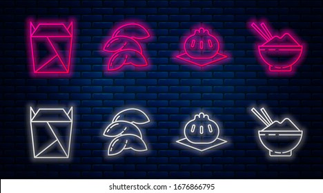 Set line Chinese fortune cookie, Khinkali on cutting board, Rstaurant opened take out box filled and Rice in a bowl with chopstick. Glowing neon icon on brick wall. Vector