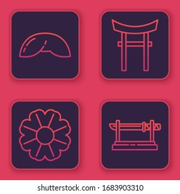 Fije galletas de la fortuna china, Flor, Puerta de Japón y katana tradicional japonesa. Botón cuadrado azul. Vector