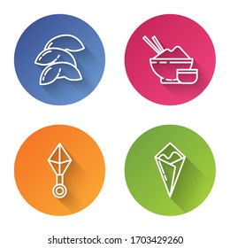 Set line Chinese fortune cookie, Rice in a bowl with chopstick, Japanese ninja shuriken and Temaki roll. Color circle button. Vector