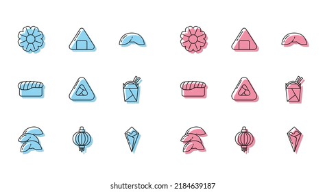 Ponga en línea galletitas de la fortuna china, linterna de papel japonés, flor, rollo Temaki, sushi, caja asiática de fideos y palillos y un icono. Vector