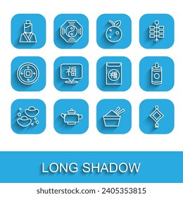 Set line Chinese fortune cookie, tea ceremony, Asian woman, ice bowl with chopstick, paper lantern, New Year, Firework and  icon. Vector