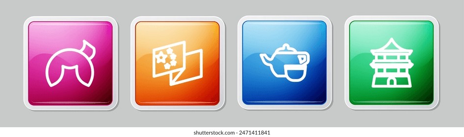 Set line Chinese fortune cookie, China flag, tea ceremony and house. Colorful square button. Vector
