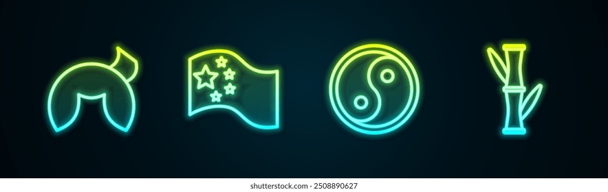 Set line Chinese fortune cookie, China flag, Yin Yang and Bamboo. Glowing neon icon. Vector