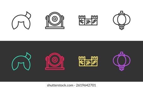 Set line Chinese fortune cookie, Gong, Great wall of China and paper lantern on black and white. Vector