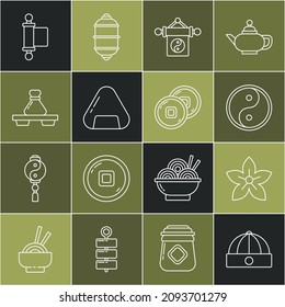 Set line Chinese hat, Lotus flower, Yin Yang, Sushi, Dumpling on cutting board, Decree, paper, parchment, scroll and Yuan currency icon. Vector