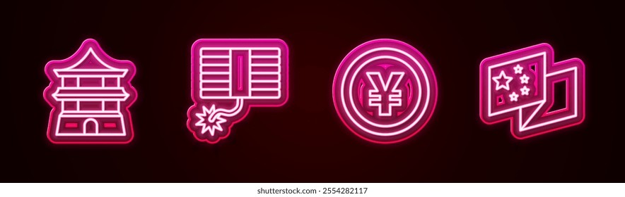 Set line Chinese house, Firework, Yuan currency and China flag. Glowing neon icon. Vector