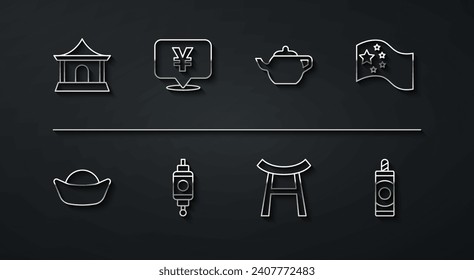 Set line Chinese house, Sushi, China flag, Japan Gate, paper lantern, Yuan currency, Firework and tea ceremony icon. Vector