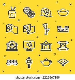 Set line Chinese or japanese folding fan, Decree, paper, parchment, scroll, Great wall of China, flag, Noodles box and chopsticks and Bamboo icon. Vector