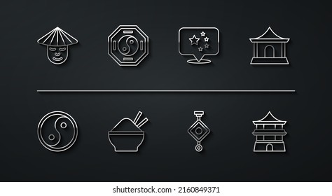 Set line Chinese man, Yin Yang, house, paper lantern, Rice bowl with chopstick,  and China flag icon. Vector