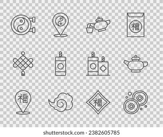 Set line Chinese New Year, Yuan currency, tea ceremony, Magic fog or smoke, Yin Yang symbol, Firework,  and  icon. Vector