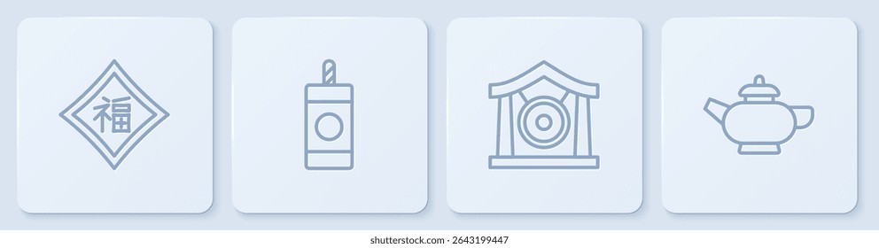 Set line Chinese New Year, Gong musical instrument, Firework and tea ceremony. White square button. Vector
