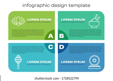 Set line Chinese paper lantern, Lotus flower, Gong and Rice in a bowl with chopstick. Business infographic template. Vector